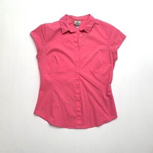 2000s Hot Pink Cyber Goth Emo Grunge Button Up Collar Cap Sleeve Fitted Top S M